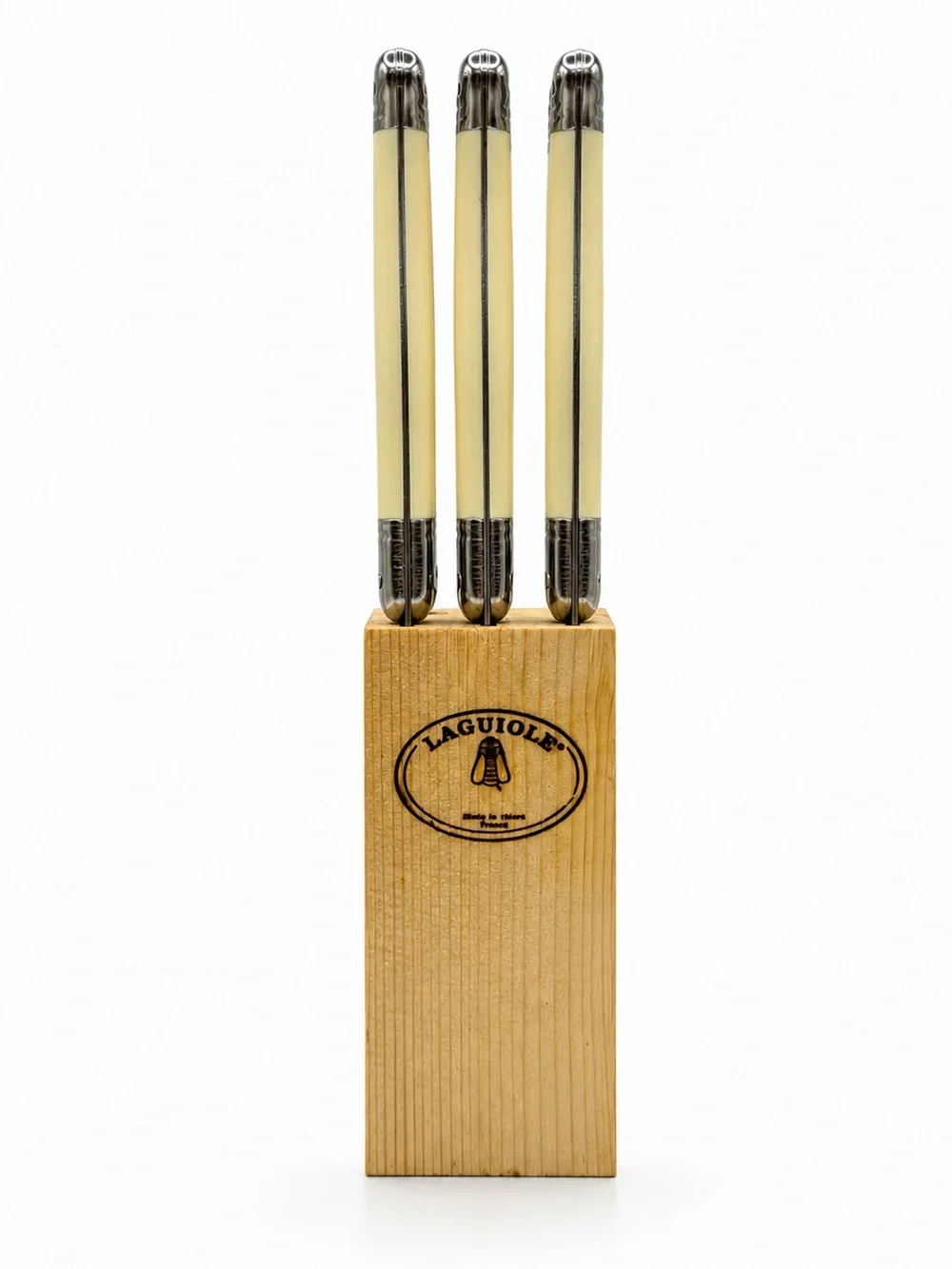 Jean Dubost Laguiole Steak Knives Set of 6 Stainless with Ivory Handles & Block